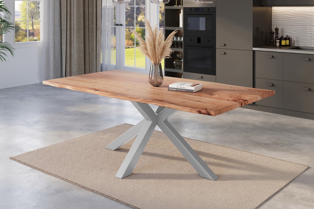 Esstisch Baumkante massiv Akazie natur 180 x 90 cm Spider-Gestell silber Kalea