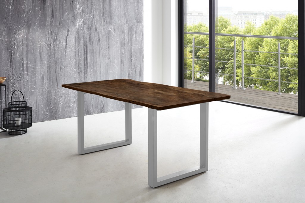 Esstisch Baumkante massiv Akazie nussbaum 200 x 100 silber U-Gestell LUBIN