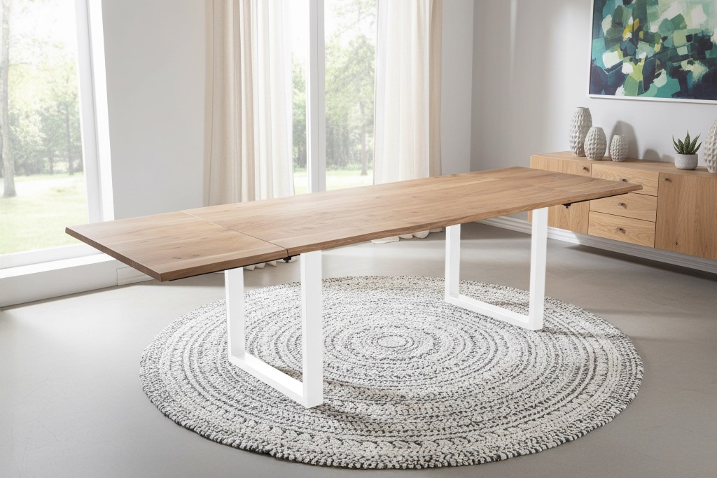 Esstisch Baumkante Akazie natur 180(280)x90 Ansteckplatten U-Gestell weiß AVINO