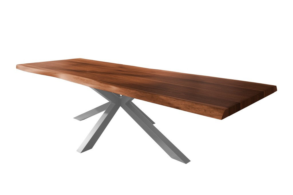Esstisch Baumkante massiv Akazie nussbaumfarben 400 x 120 Spider-Gestell Metall silber TITAN
