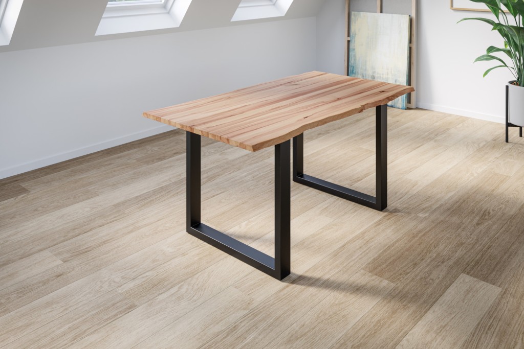 Esstisch Baumkante Massiv Wildbuche 120 x 80 mattschwarz U-Gestell GREGOR