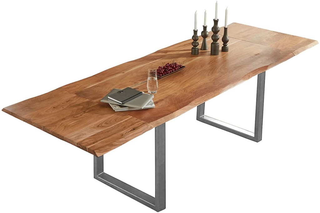 Esstisch Baumkante Akazie natur 200 (300) x 100 Ansteckplatten silber ADINA