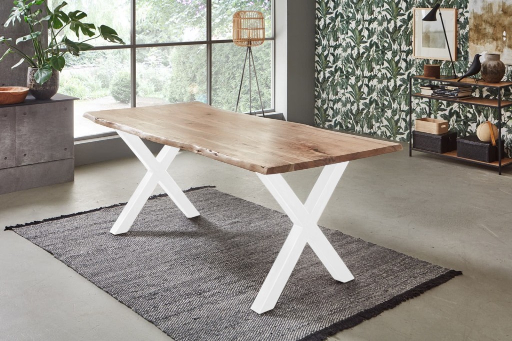 Esstisch Baumkante Akazie naturfarben 180 x 90 cm X-Gestell weiß FREDERIK