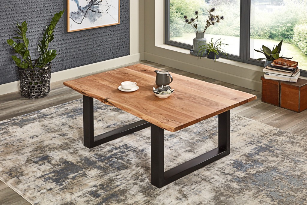 Couchtisch Baumkante massiv Akazie naturfarben 140 x 75 cm schwarz BILLY