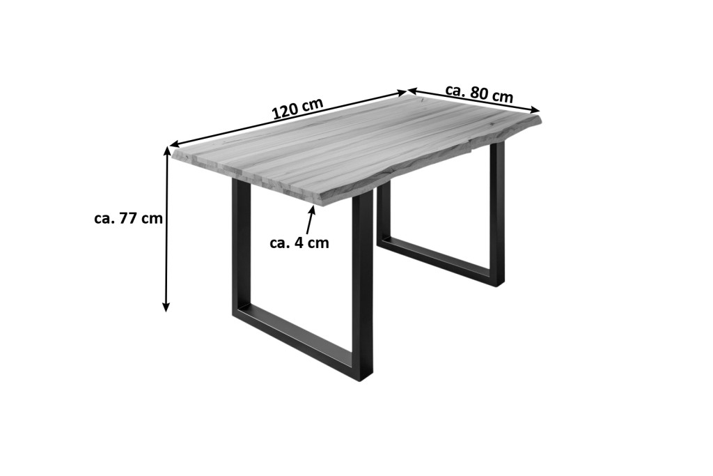 Esstisch Baumkante Massiv Wildbuche 120 x 80 mattschwarz U-Gestell ROMAN