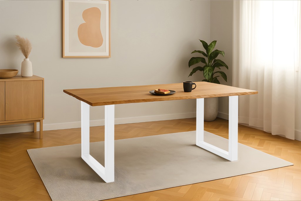 Esstisch Baumkante massiv Eiche geölt 200 x 100 cm U-Gestell weiß SALVADOR