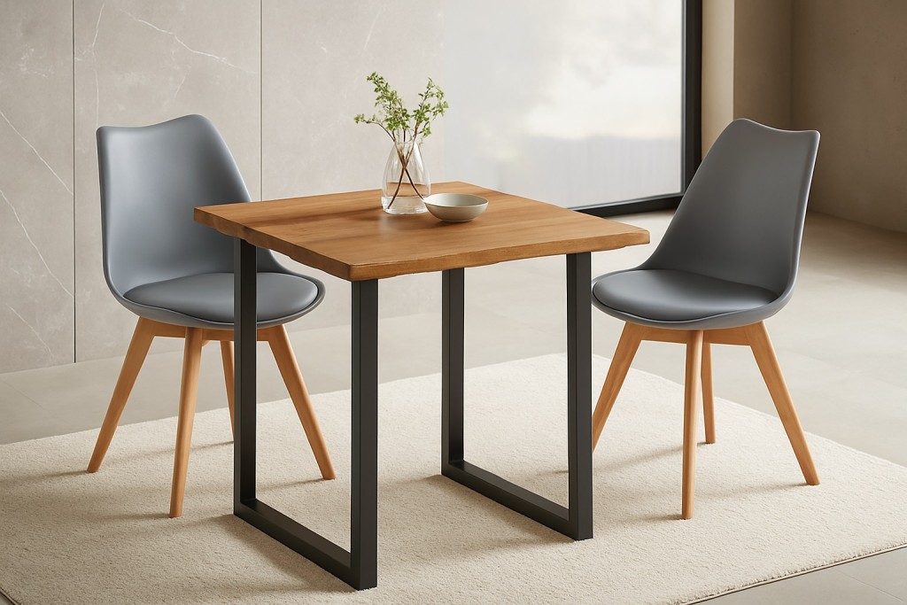 Essgruppe Baumkante massiv 80 x 80 cm Holz Wildeiche-Optik U-Gestell schwarz & 2 Stühle grau JOSY