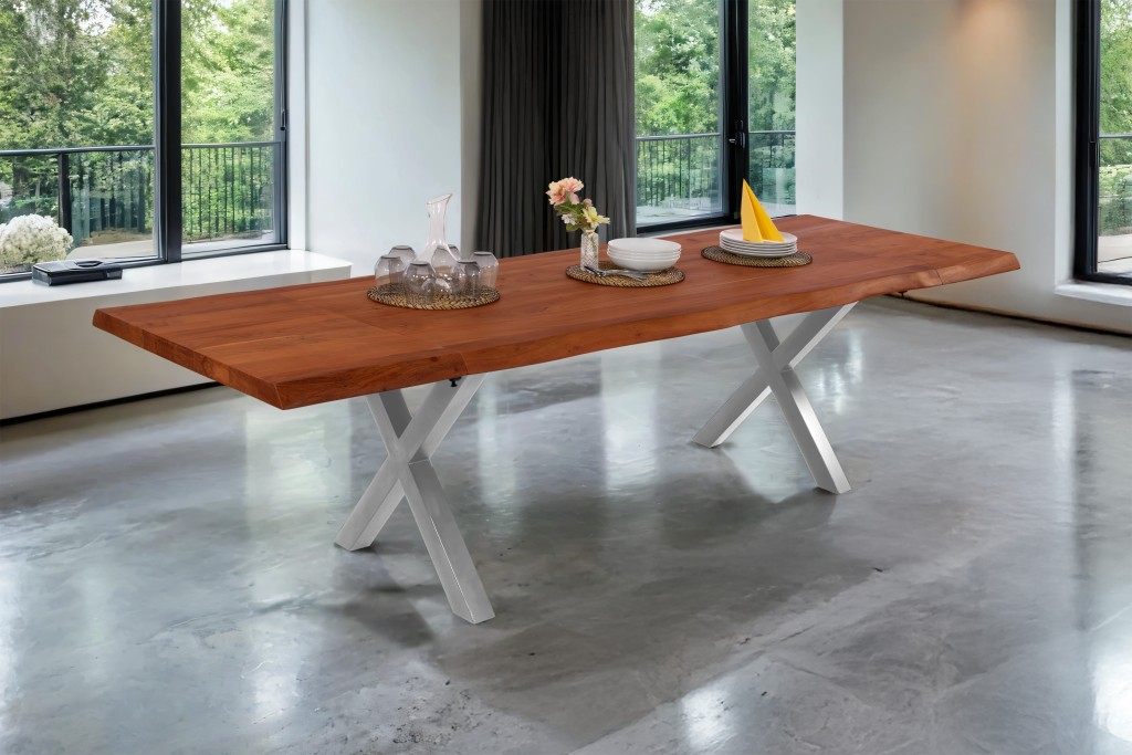 Esstisch Baumkante Akazie nuss 200 (300) x 100 X-Gestell silber mit Ansteckplatten CALI