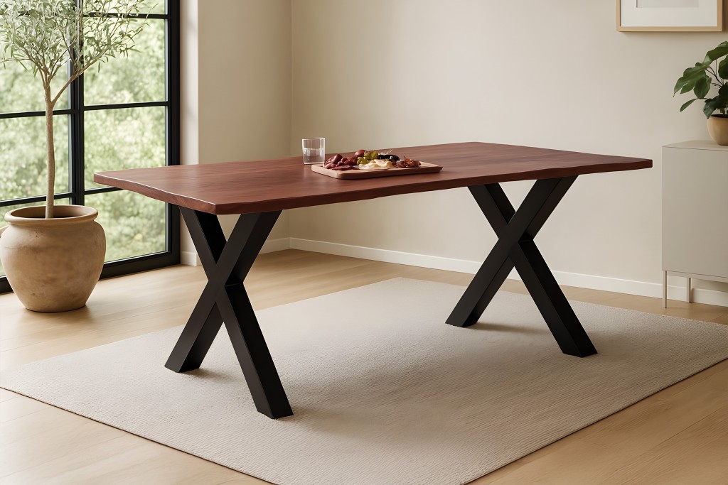 Esstisch Baumkante massiv Akazie kastanienfarben 180 x 90 cm X-Gestell schwarz Roxana