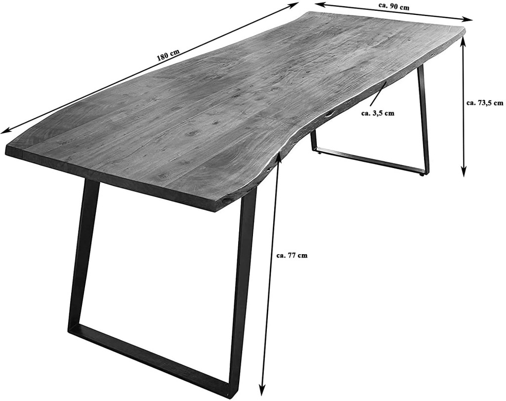 Esstisch Baumkante Akazie natur 180x90 silber schräges U-Gestell HOBART