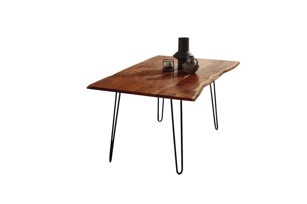 Esstisch Baumkante massiv Akazie nussbaum 80x80 Hairpin-Gestell schwarz HANNAH