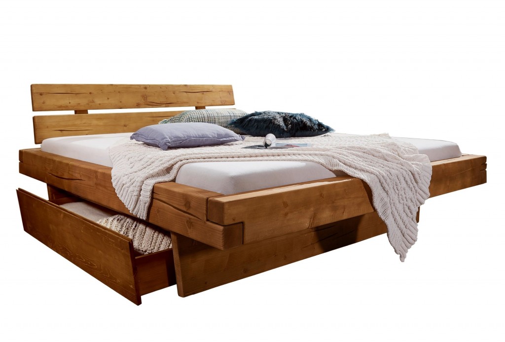Balkenbett Massivholzbett 200x200 cm mit 2 Bettkästen Fichte honigfarben BENNET
