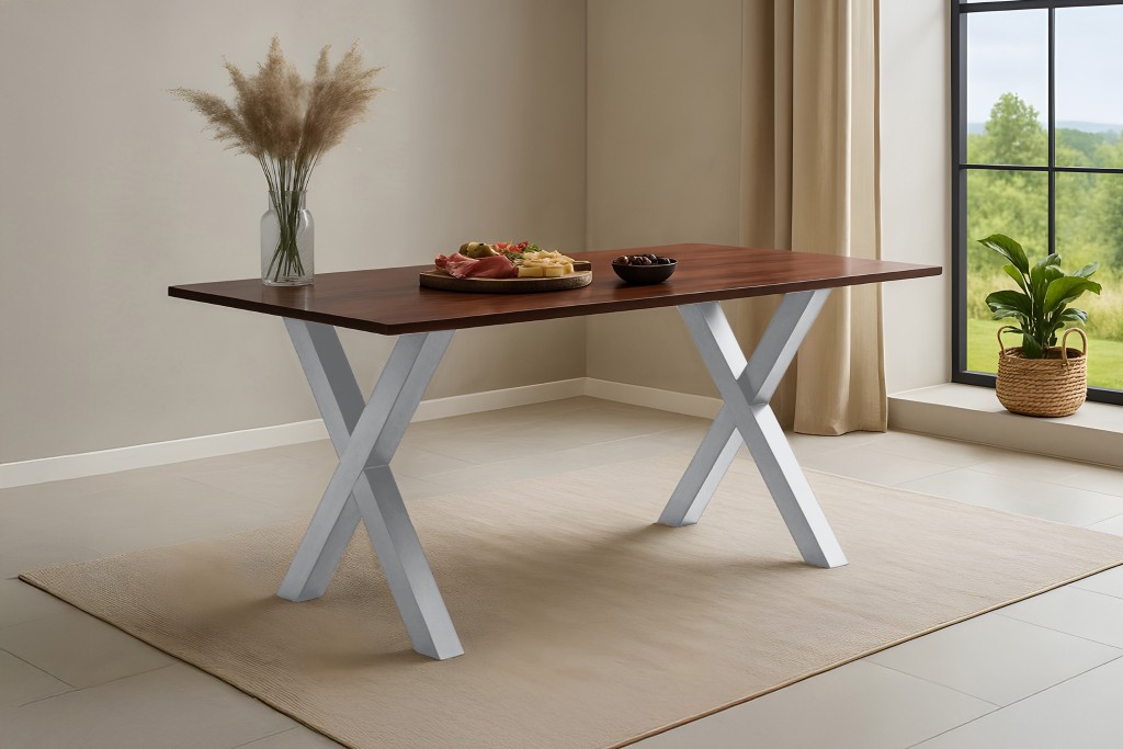 Esstisch 160x85cm Akazie massiv kastanienfarben schweizer Kante X-Gestell silber RITA
