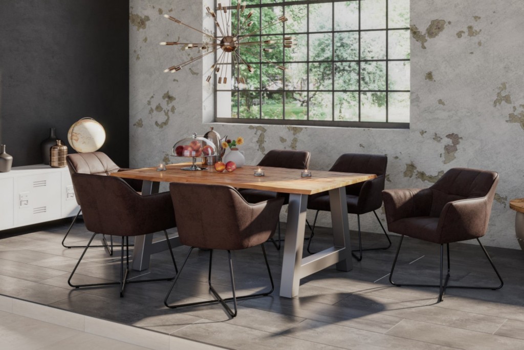 Essgruppe 140 cm Mango naturfarben A-Gestell silber mit 6 Stühlen DORA