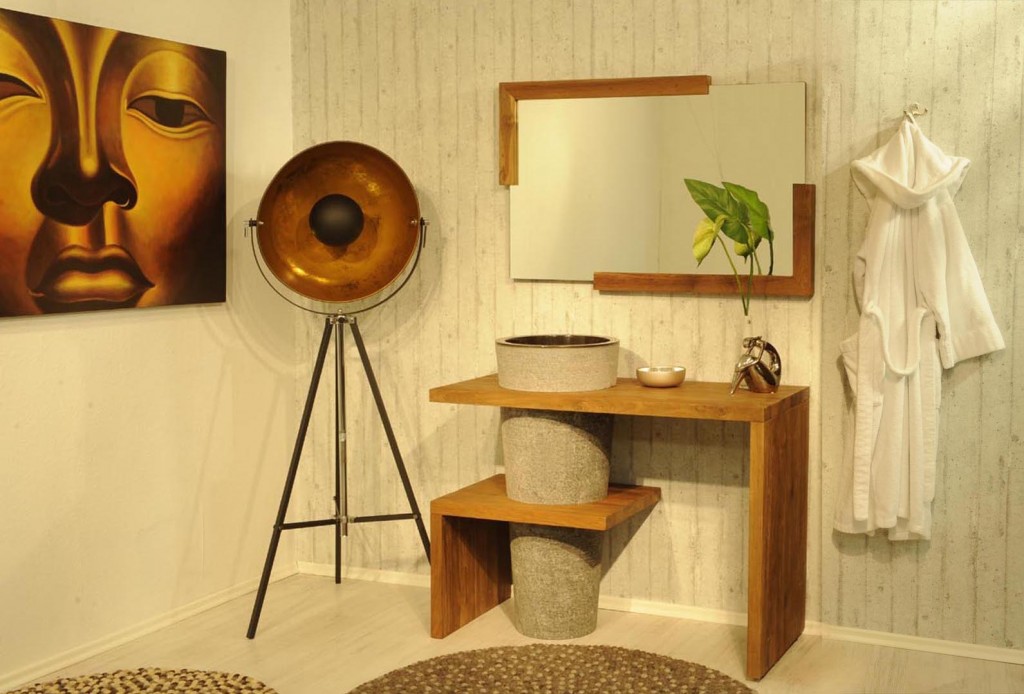 Badmöbel Set 2tlg Waschtisch Holz Natursteinbecken LOMBOK