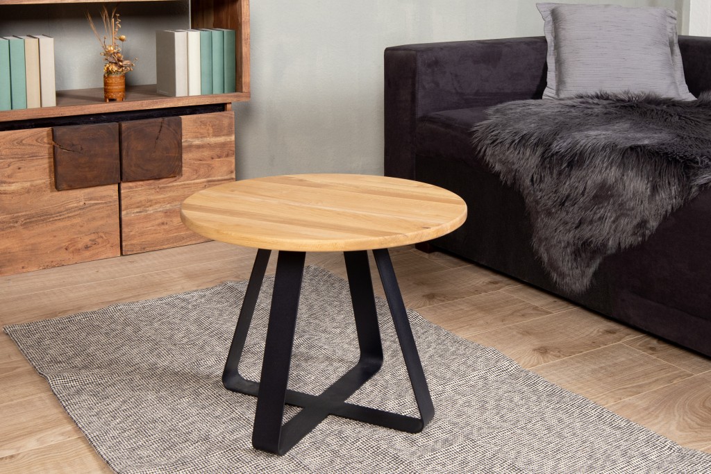 Couchtisch Industrial-Design Wildeiche massiv rund 50 x 50 cm schwarz FRANK