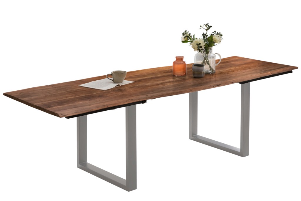 Esstisch Baumkante Akazie nuss 220(320)x100 Ansteckplatten silber PAULO