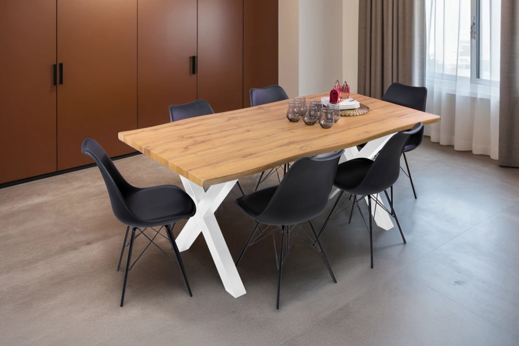 Esstisch Baumkante Holz-Optik Wildeiche 180 x 90 X-Gestell weiß JOSY