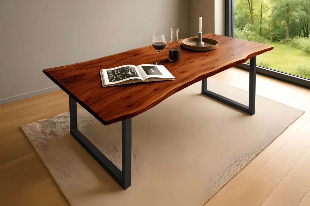 Esstisch Baumkante massiv Akazie nussbaum 220 x 100 U-Gestell schwarz QUINN