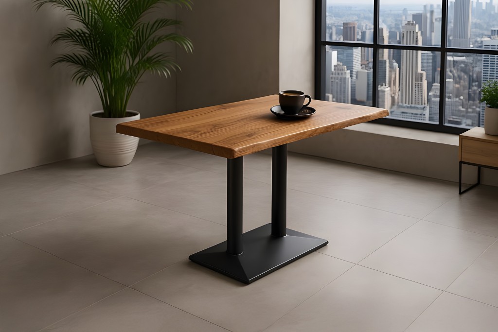 Bistrotisch Baumkante massiv 100 x 60 cm Akazie Naturfarben schwarz Doppelsäulengestell ISLA