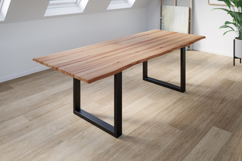 Esstisch Baumkante Massiv Wildbuche 200 x 100 mattschwarz U-Gestell GREGOR