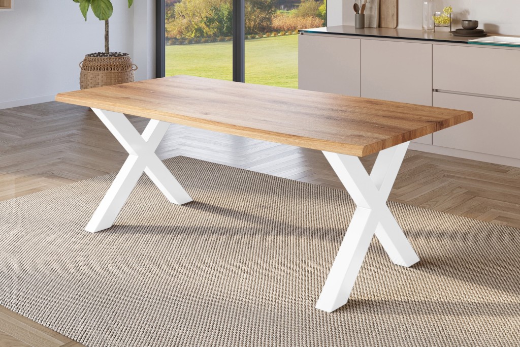 Esstisch Baumkante Holz-Optik Wildeiche 200 x 100 X-Gestell weiß JULIUS
