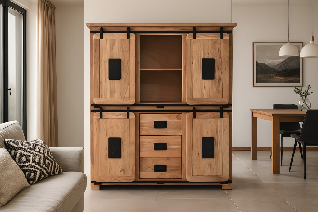 Highboard Vitrine Akazie massiv 150 x 45 x 160 cm naturfarben LIBRO