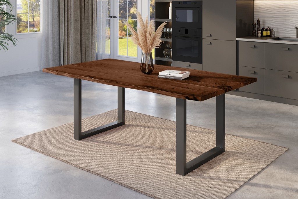 Esstisch Baumkante massiv Akazie nussbaum 180 x 90 U-Gestell schwarz NICK