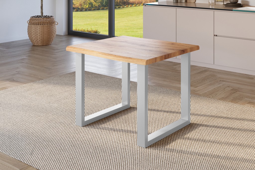 Esstisch Baumkante Holz-Optik Wildeiche 80 x 80 U-Gestell silber JULIUS