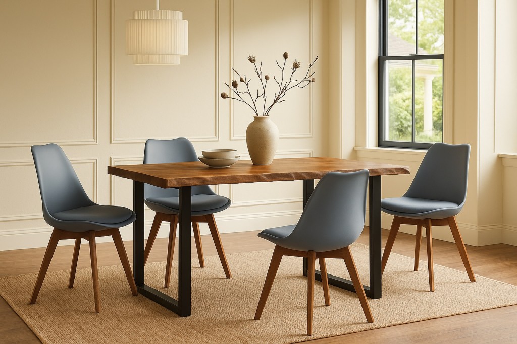 Essgruppe Baumkante massiv 140 x 80 cm Holz-Optik Nussbaum U-Gestell schwarz & 4 Stühle grau JOSY