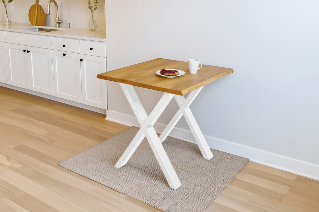Esstisch Baumkante massiv Eiche geölt 80 x 80 cm X-Gestell weiß SALVADOR