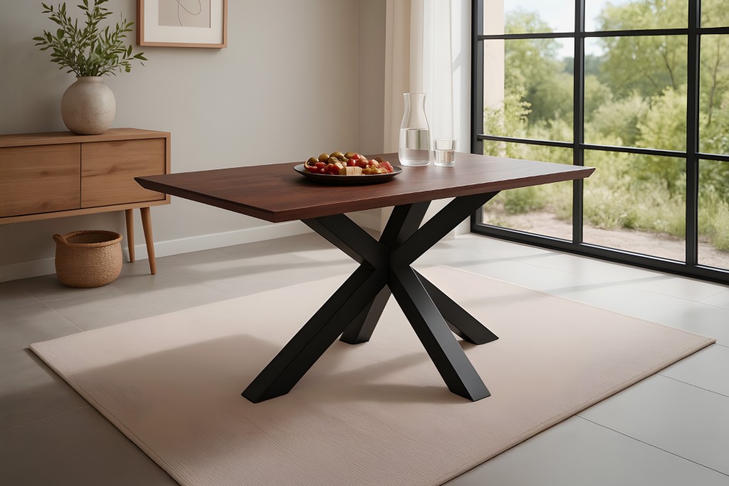 Esstisch 140x80cm Akazie massiv kastanienfarben schweizer Kante Spider-Gestell schwarz RITA