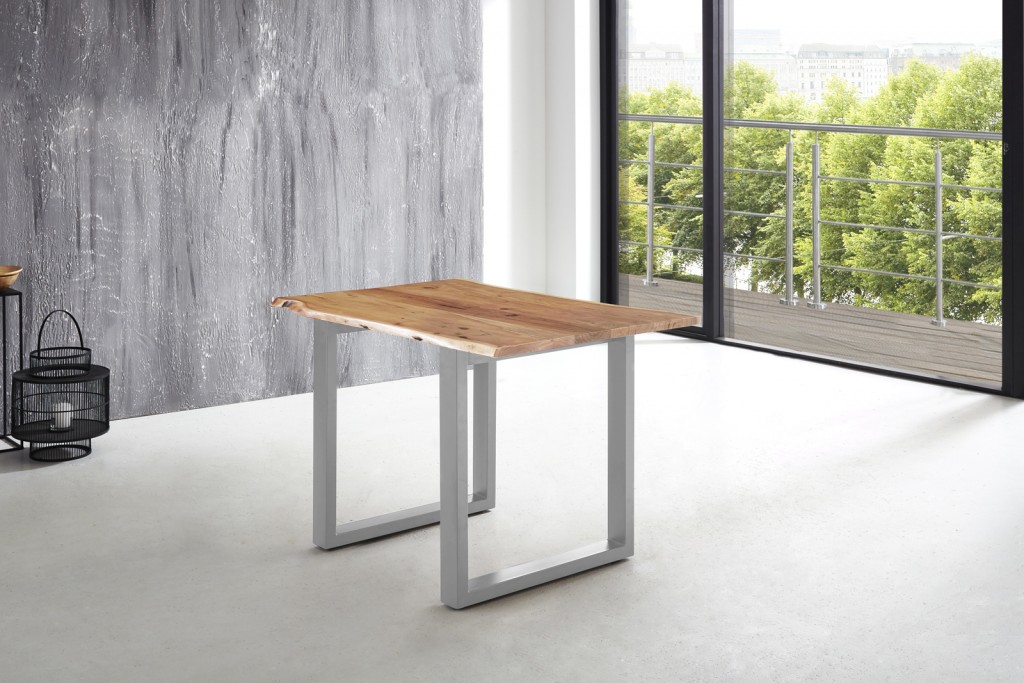 Esstisch Baumkante massiv Akazie natur 140 x 80 silber U-Gestell LUBIN