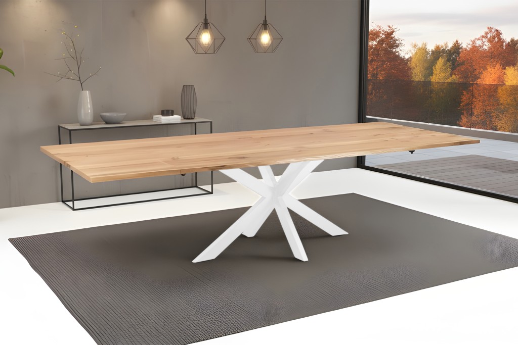 Esstisch Baumkante massiv Eiche 160 (260) x 85 Ansteckplatten Spider-Gestell weiß SESSA