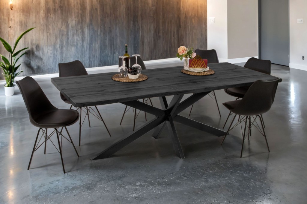 Esstisch Baumkante Holz-Optik Grau 240 x 100 Spider-Gestell schwarz JOSY