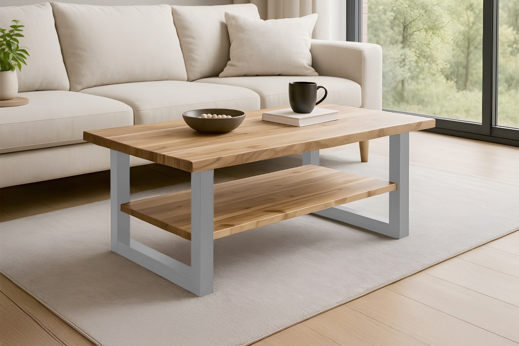 Couchtisch Baumkante 115 x 65 cm Akazie massiv + naturfarben lackiert silber PATRICK