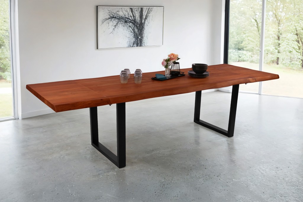 Esstisch Baumkante Akazie nuss 140 (220) x 90 cm U-Gestell schwarz mit Ansteckplatten CALI