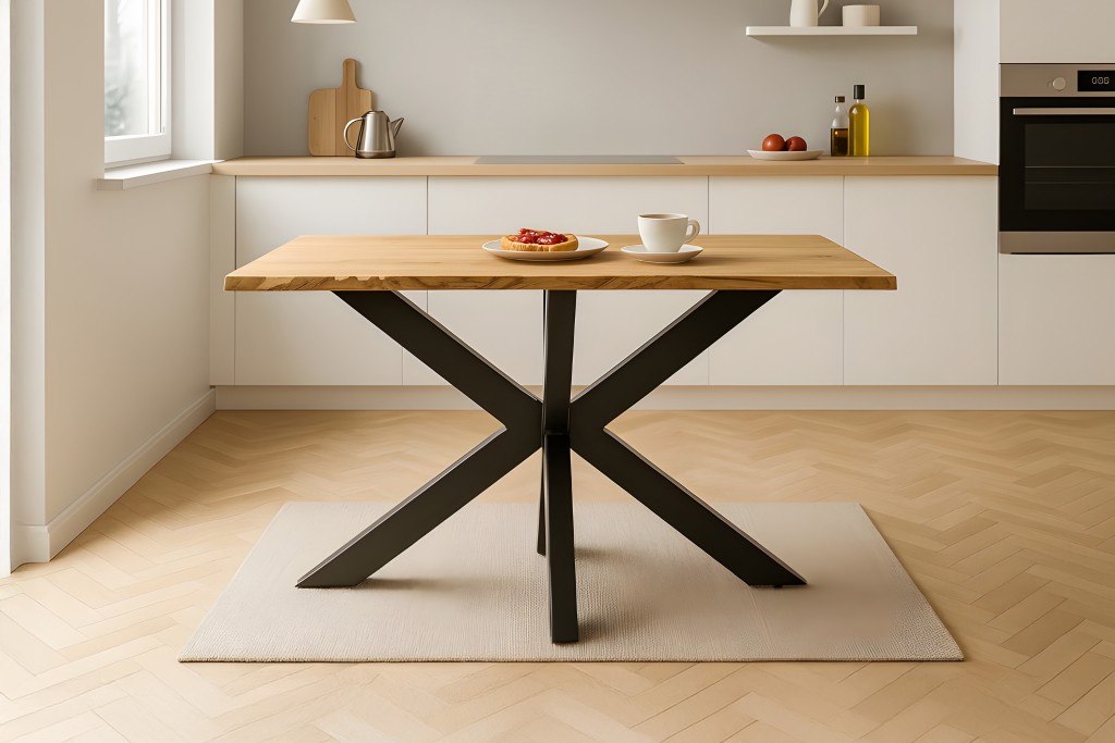 Esstisch Baumkante massiv Eiche geölt 160 x 85 cm Spider-Gestell schwarz SALVADOR