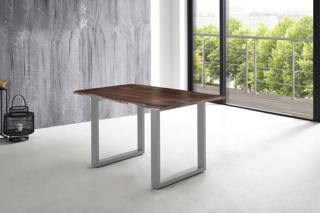 Esstisch Baumkante massiv Akazie nussbaum 180 x 90 silber U-Gestell LUBIN