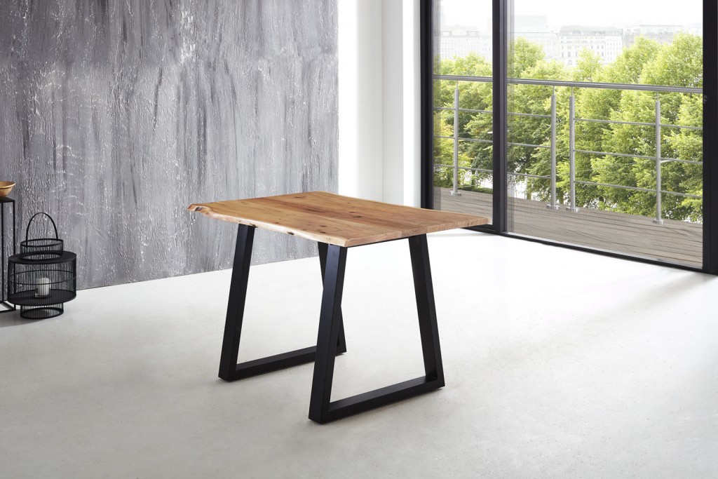 Esstisch Baumkante massiv Akazie natur 120 x 80 schwarz V-Gestell LUBIN