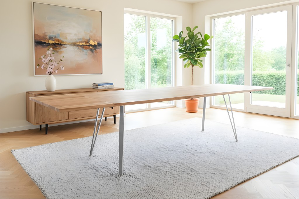 Esstisch Baumkante Akazie natur 200(300)x100 Ansteckplatten Vierfuß-Gestell silber AVINO