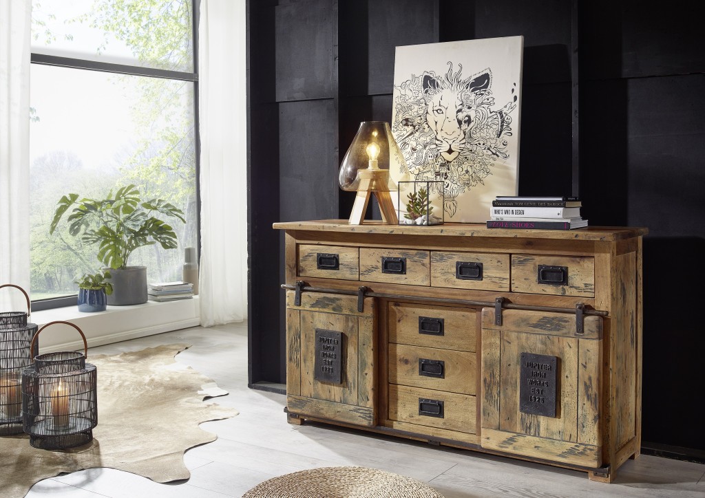 Sideboard Kommode 150 x 90 x 45 Mangoholz massiv mit Holzschiebetür + Schubladen NORIK