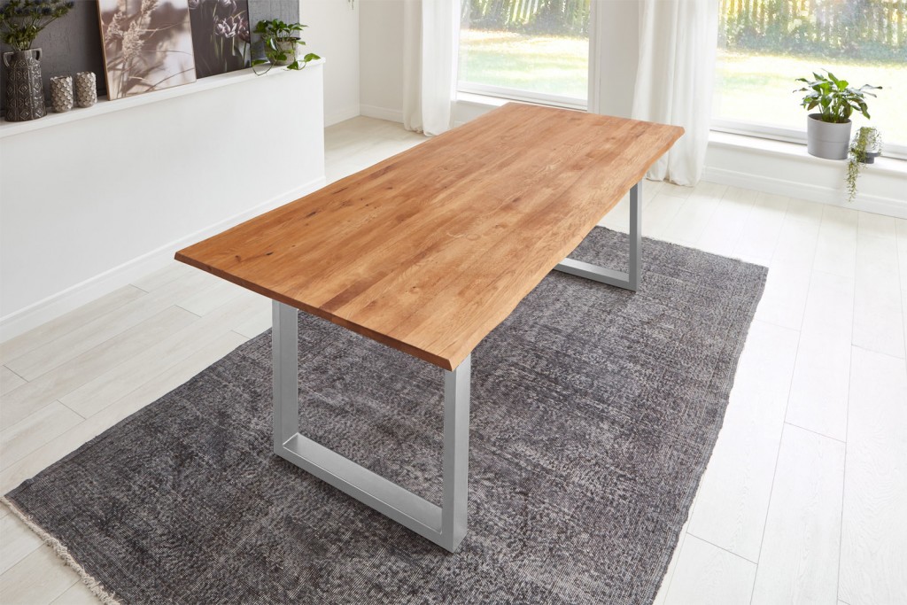 Esstisch Baumkante Massiv Wildeiche 220 x 100 silber grau SESSA