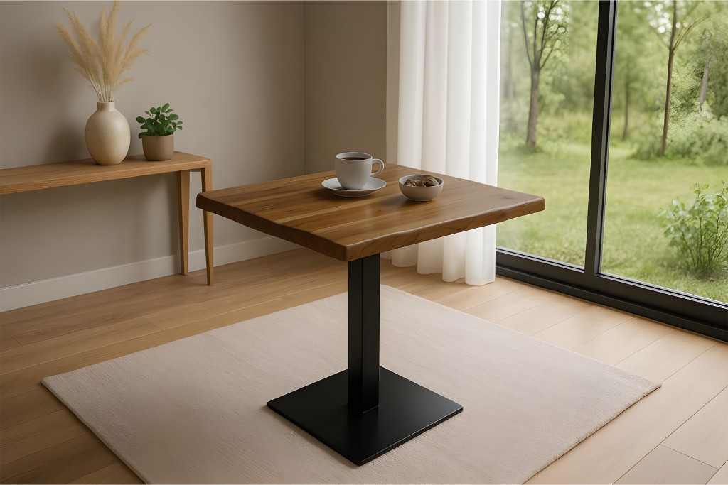 Bistrotisch Baumkante massiv 70 x 70 cm Akazie Honigfarben schwarz Säulengestell Iris