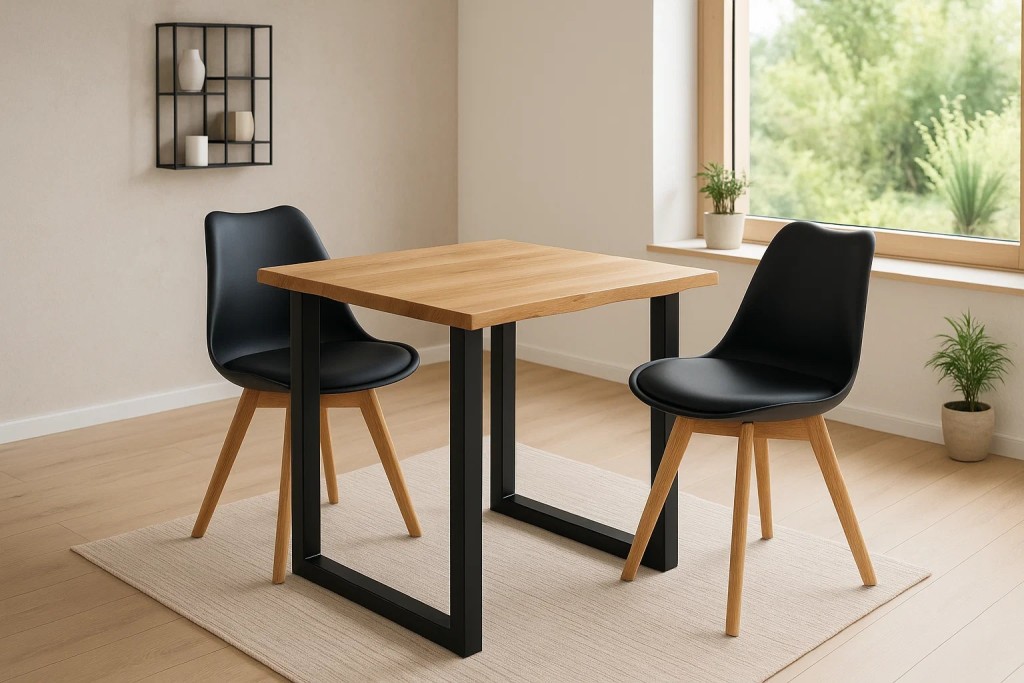 Essgruppe Baumkante massiv 80 x 80 cm Wildeiche U-Gestell schwarz & 2 Stühle schwarz SEATTLE