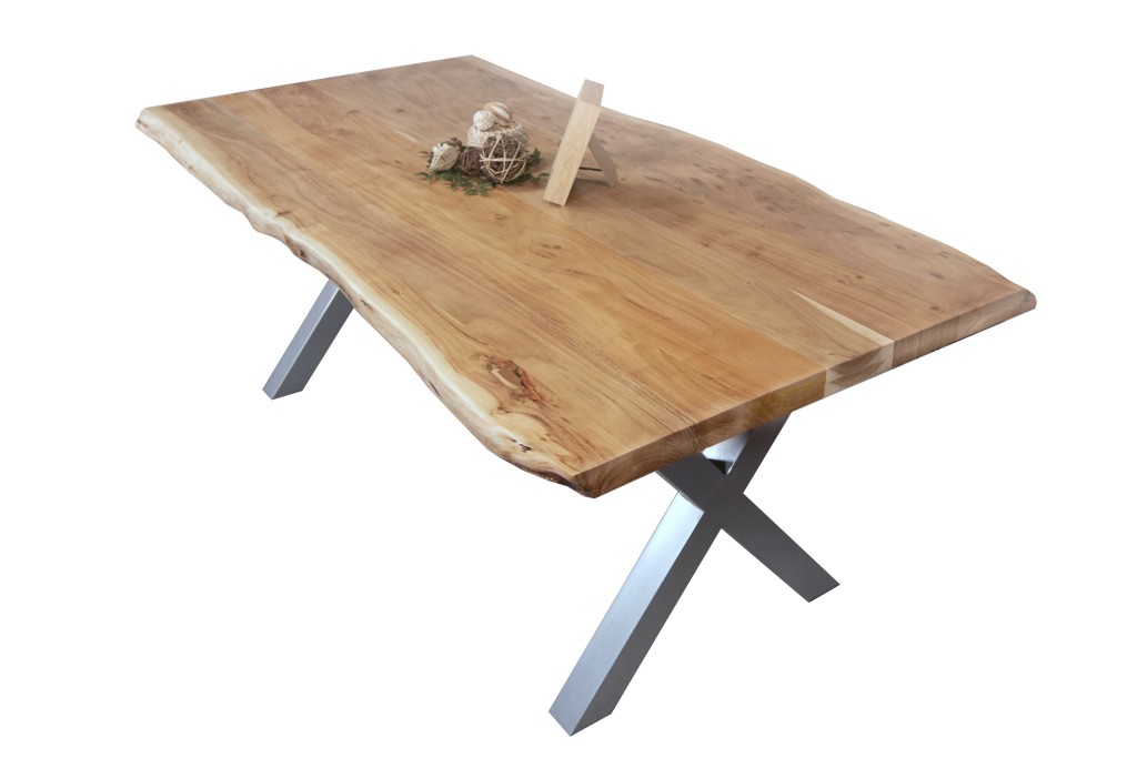Esstisch Baumkante massiv Akazie Natur 300 x 120 X-Gestell silber CALI