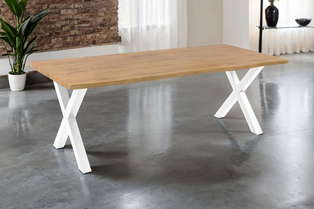 Esstisch Baumkante Holz-Optik Wildeiche 240 x 100 X-Gestell weiß JOSY