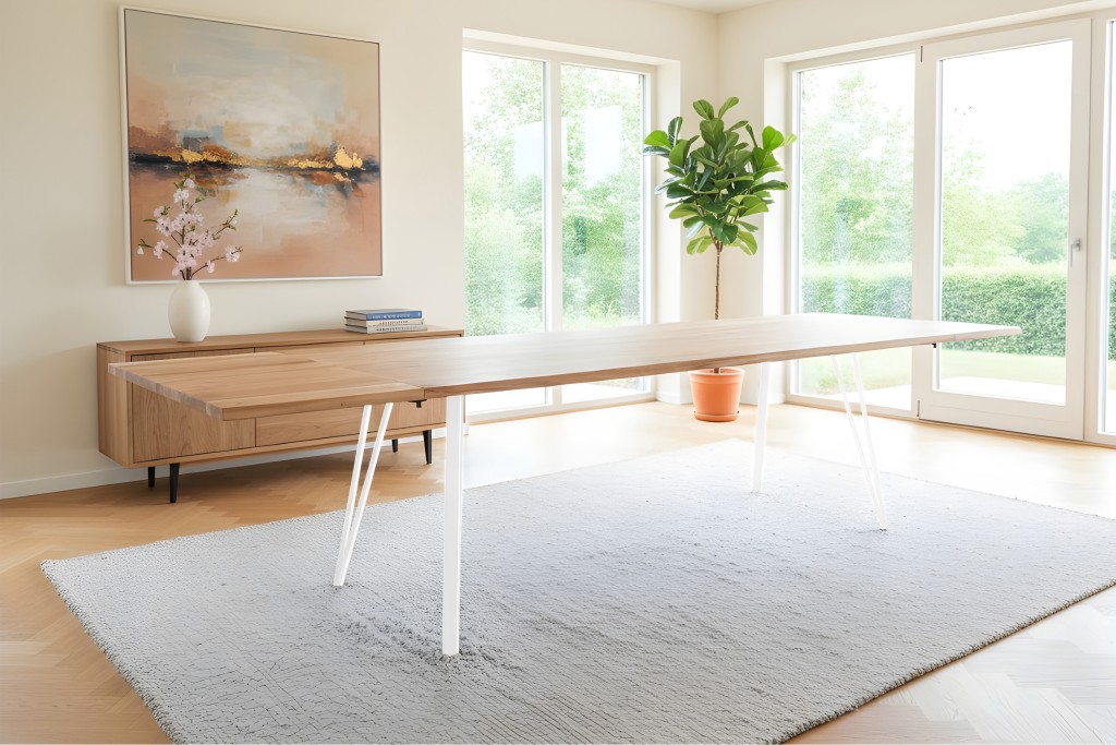 Esstisch Baumkante Akazie natur 220(320)x100 Ansteckplatten Vierfuß-Gestell weiß AVINO