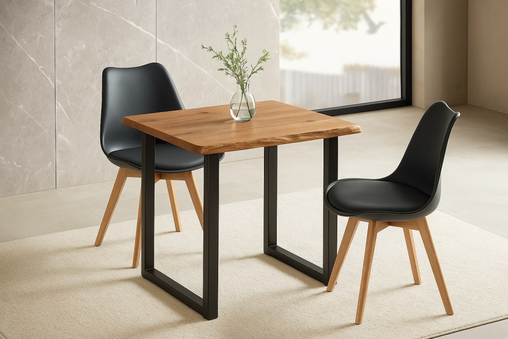 Essgruppe Baumkante massiv 80 x 80 cm Holz Wildeiche-Optik U-Gestell schwarz & 2 Stühle schwarz JOSY