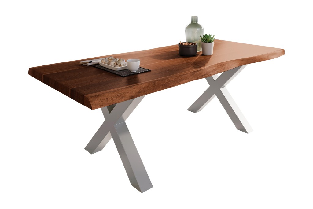 Esstisch Baumkante massiv Akazie Nuss 220 x 110 X-Gestell silber ATLAS